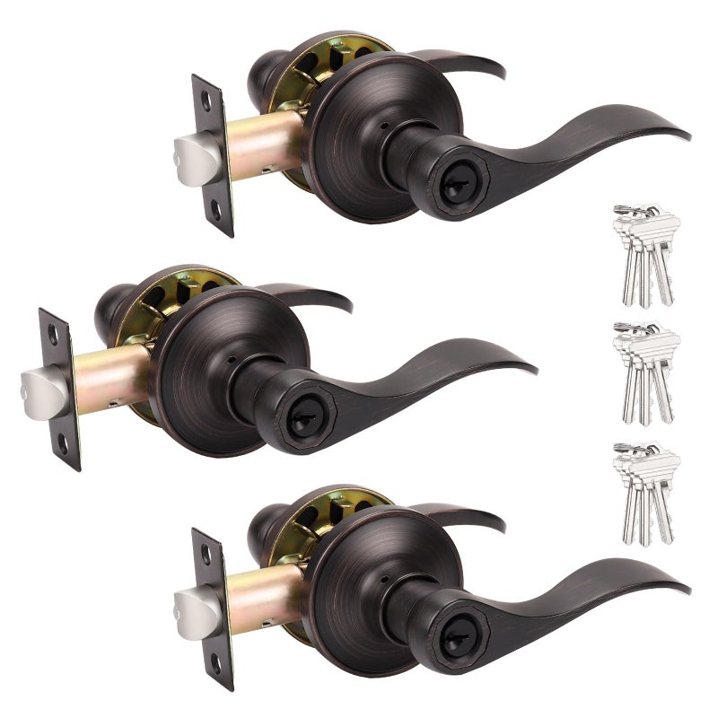 Probrico Oil Rubbed Bronze Door Lockset Hardware Keyed Alike Entry Entrance Door Lever Handles One Keyway (3 Pack) - Image 1